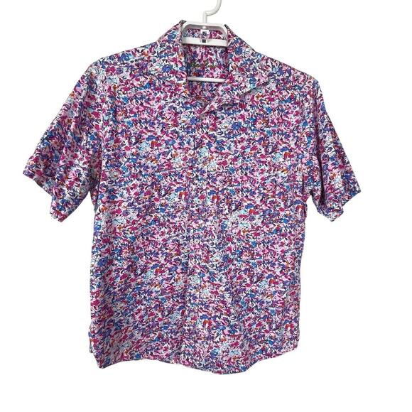 Alan Flusser‎ Men's L Floral Button-Up Shirt Pink Purple Teal Short Sleeve - Picture 1 of 7